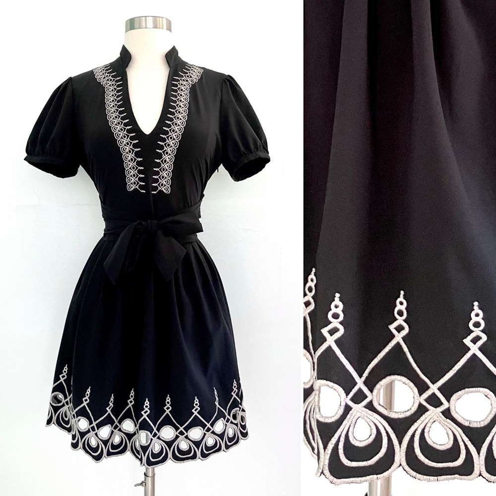 Black & white embroidered folk style retro dress